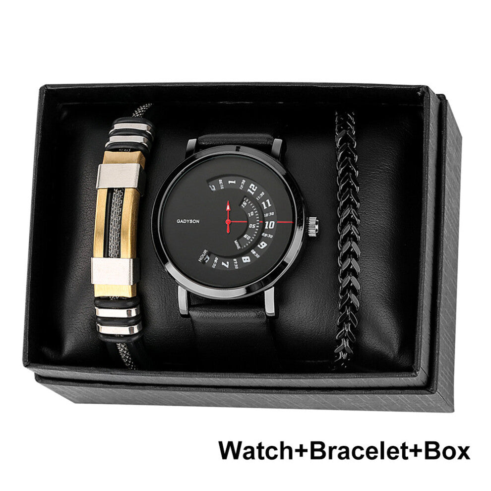 3PCS Casual Men Watch Bracelet Gift Set for Male Creative Turntable Leather Quartz Wristwatches Regalos Para Hombre