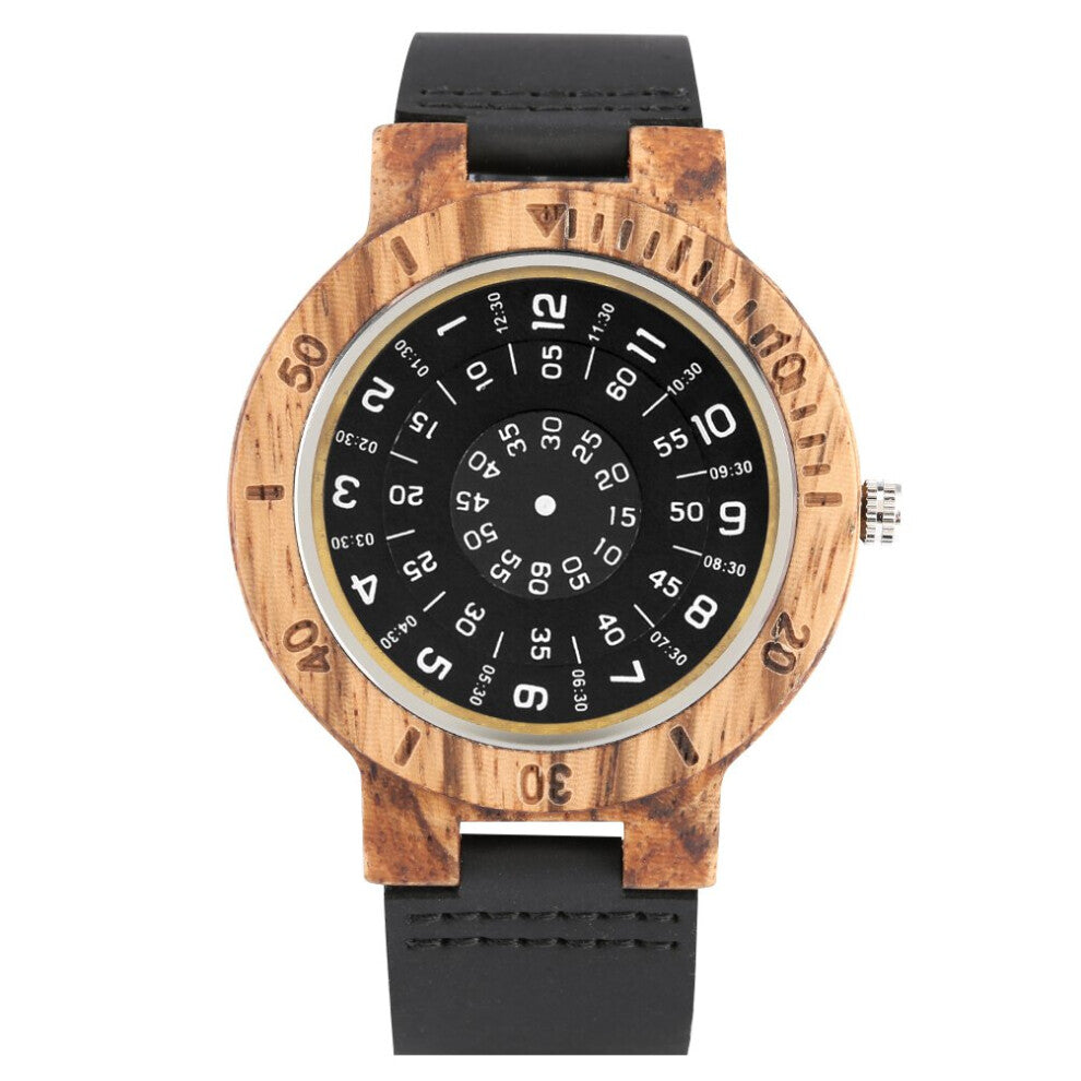 Stylish Zebrawood-Bamboo Watch for Men Women Quartz Leather Wristwatch Creative Arabic Numerals Turntable Dial