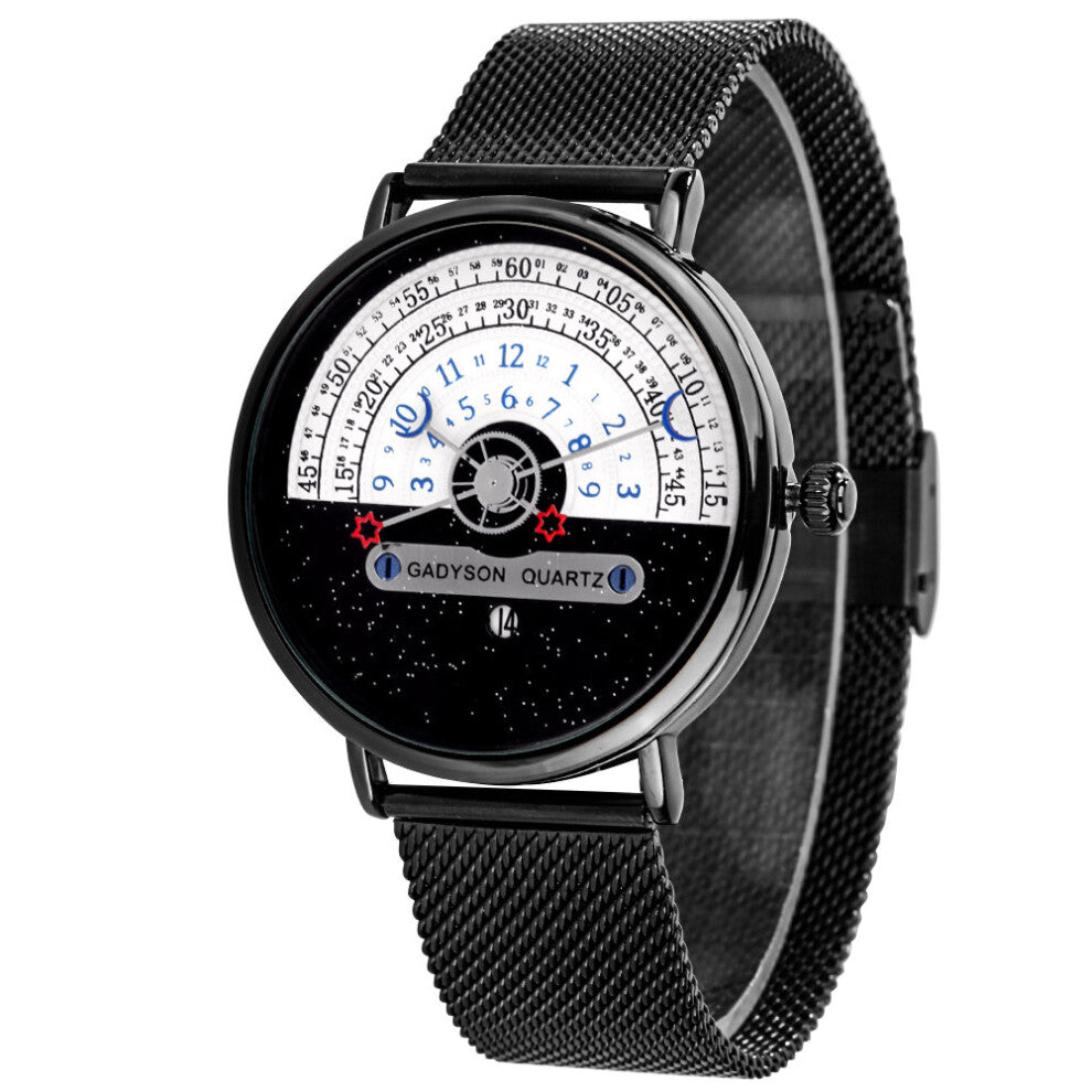Creative Digital Turntable Moon Star Pointers Quartz Men Wristwatch Mesh Stainless Steel Hook Buckle Wristband Male Watches