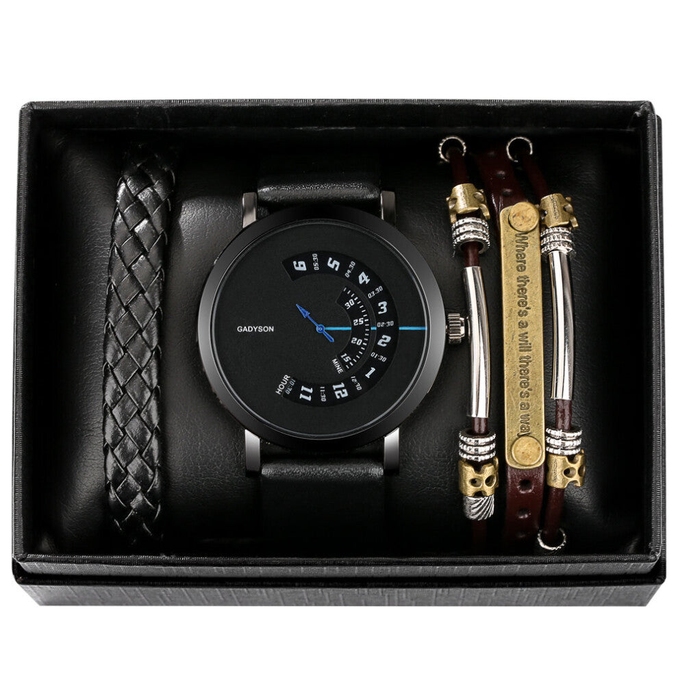 Watch Men Gift Set for Boyfriend Creative Turntable Leather Quartz Wristwatch Casual Weave Bracelet Reloj Hombre