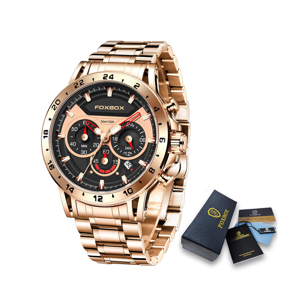Men Watch Stainless Steel Chronograph Quartz Watchwrist Casual 30M Waterproof Sports Watch for Men+Box