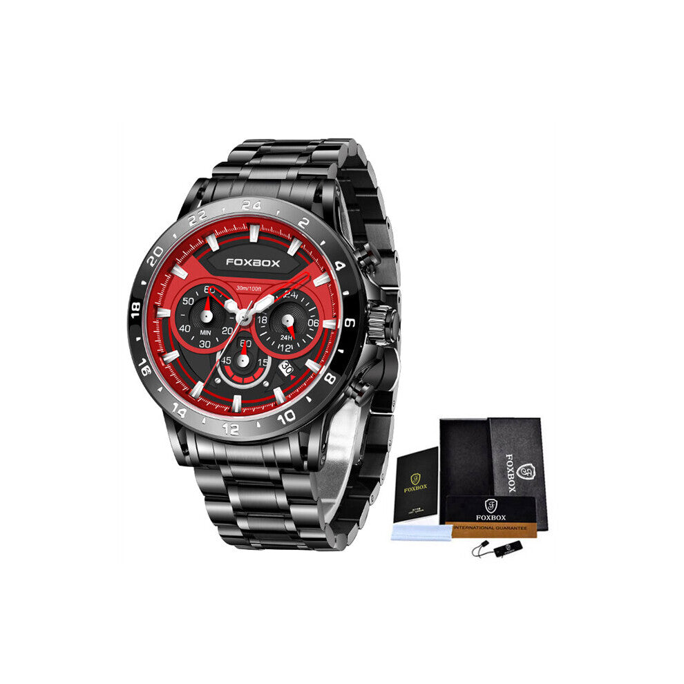 FOXBOX Watches Men Sport Quartz Chronograph Wristwatches Stainless Steel Clock Luminous Date Watch Relogio Masculino