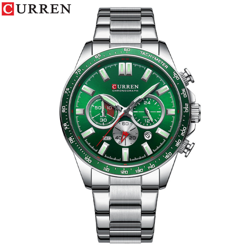 Sports Chronograph Stainless Steel Band Watches Quartz Men's Wristwatches with Luminous Hands 8418