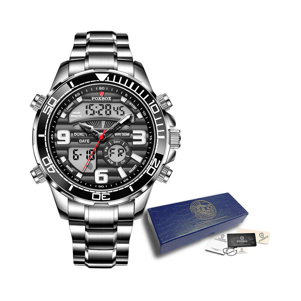 FOXBOX Digital Sport Watch For Men Steel Band Waterproof Chronograph Alarm Clock Luminous Quartz Wristwatches