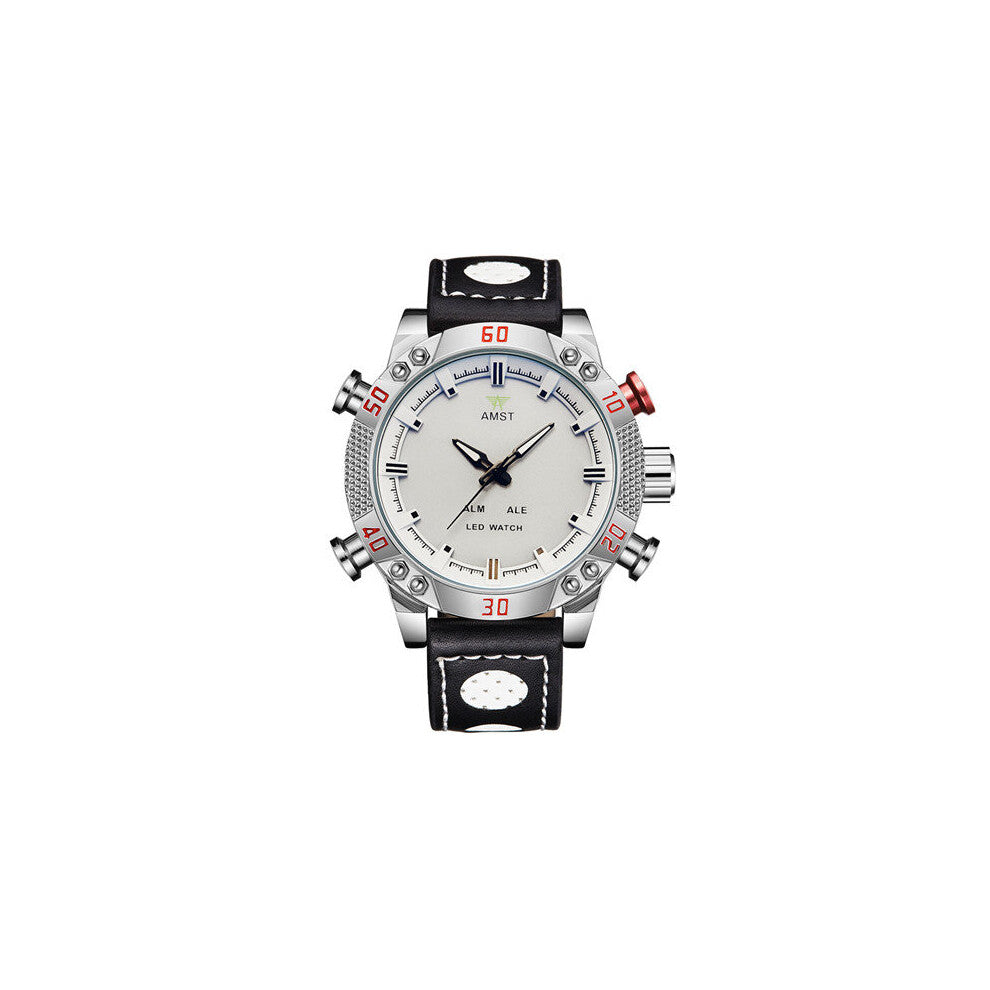 Sports Watch Men Waterproof Quartz Japan Movement Alloy Round Big Dial Leather Strap Man Watches LED Dual Display Clock AMST3016