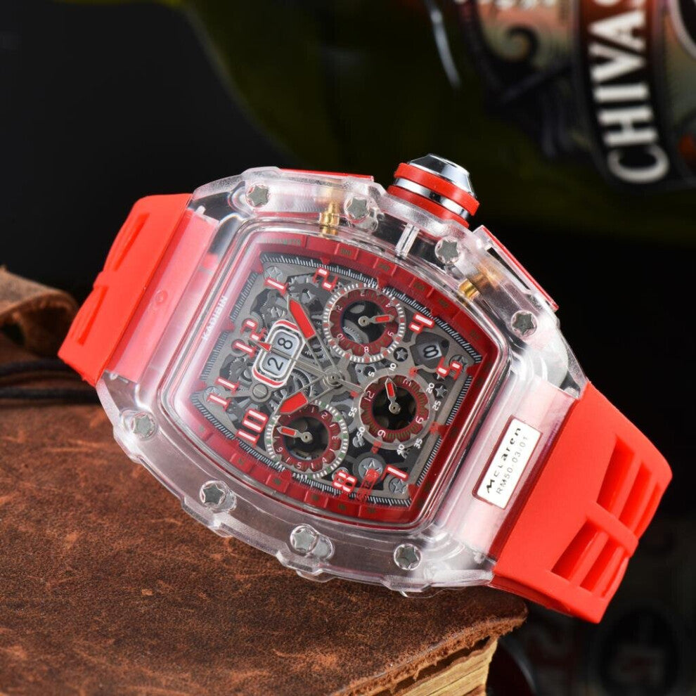 Military Watch for Men Transparent Case Chronograph Silicone Sports men's Watches Steampunk Multi-function six-pin Clock
