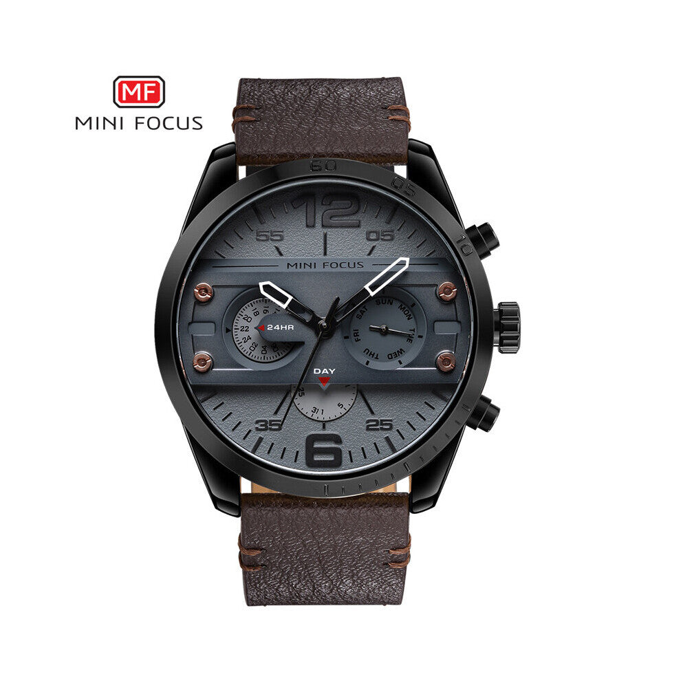 MINI FOCUS Men's Army Sports Quartz Watches Leather Strap Calendar Week Date Waterproof Wristwatch Man Clock Relogios 0068 Brown