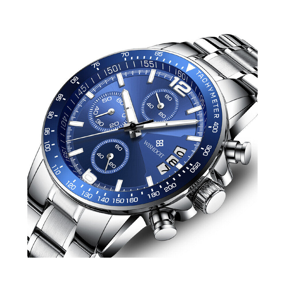 Sports Watch Men's Chronograph Stainless Steel Leather Clock Quartz Waterproof Luminous Men Watches