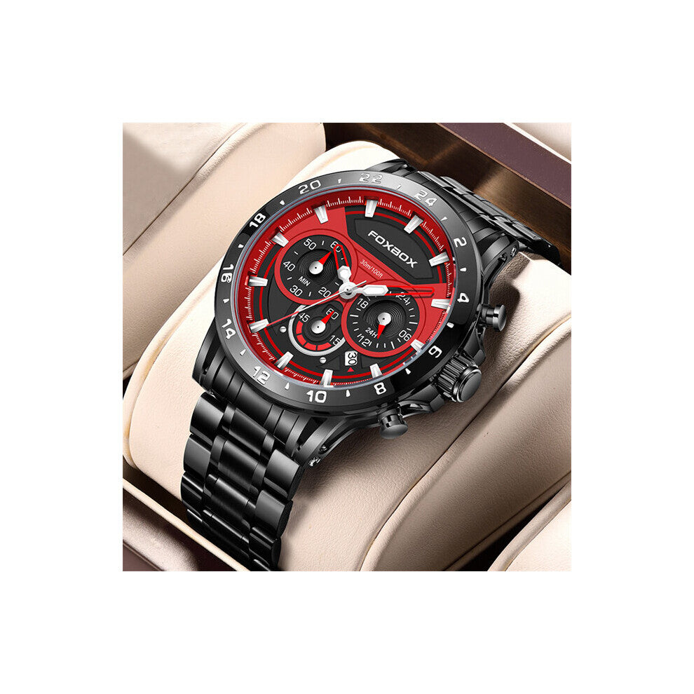FOXBOX Watch Men Quartz Steel Waterproof Sport Watches Male Wristwatch Military Chronograph Date Clock Relogio Masculino