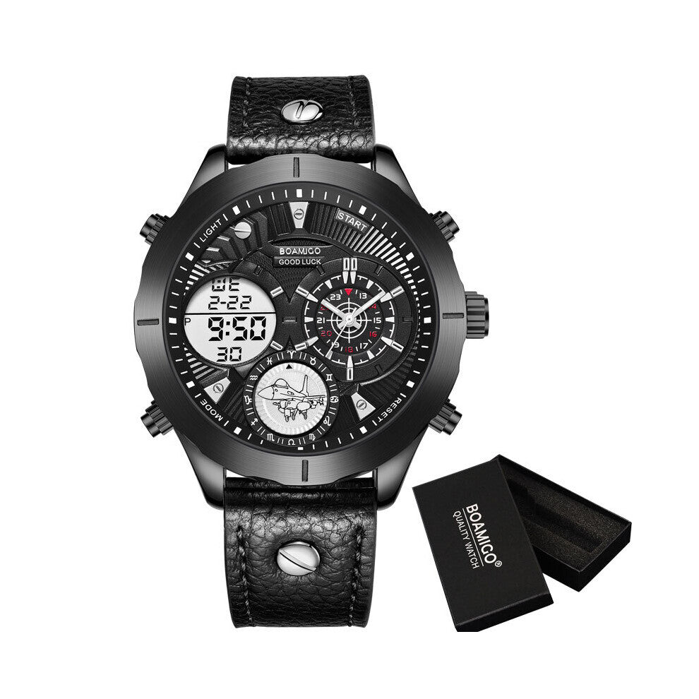 Leather Strap Fighter Turntable LED Digital Quartz Clock Waterproof Watches Men Sports Watches