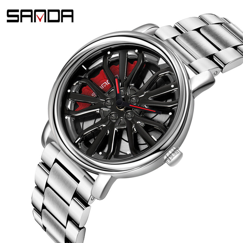 SANDA Men Sports Watches Men Stainless Steel Quartz Wristwatches Waterproof Military Car Rim Watch Rotating