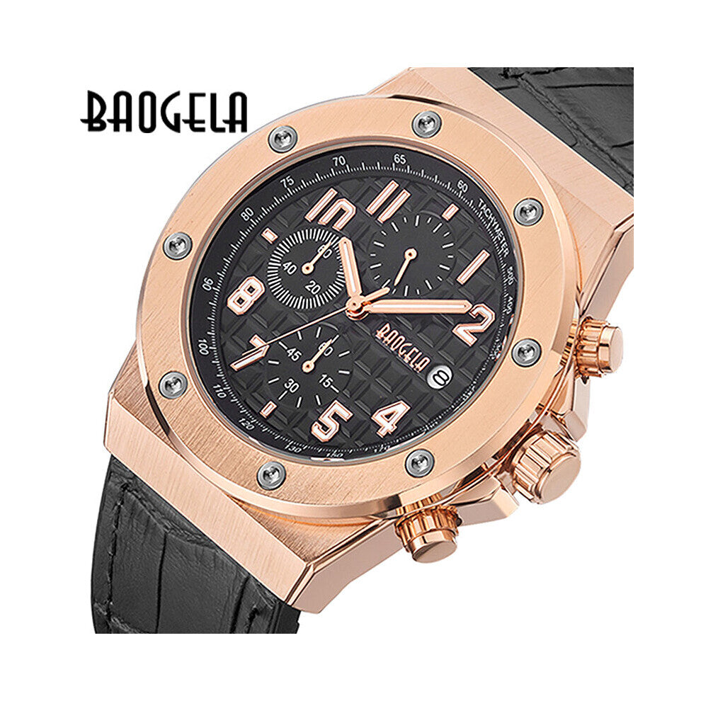 Men's Chronograph Quartz Watches Waterproof Sports Casual Wrist Watch Man Leather Strap Clock 1805 Rose