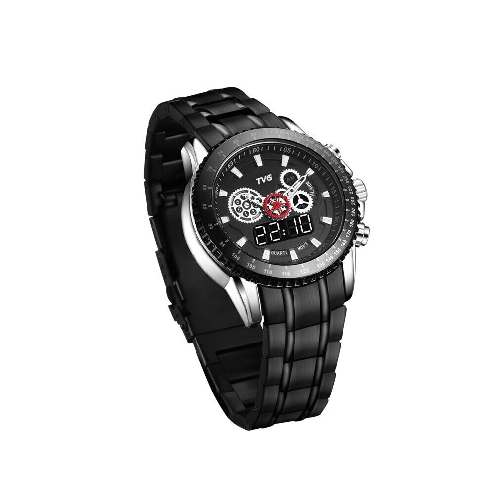 Men Watches Men Military Sports Watches Men's Steel Belt Calendar Week Multi-Function Dual Display Quartz Watches