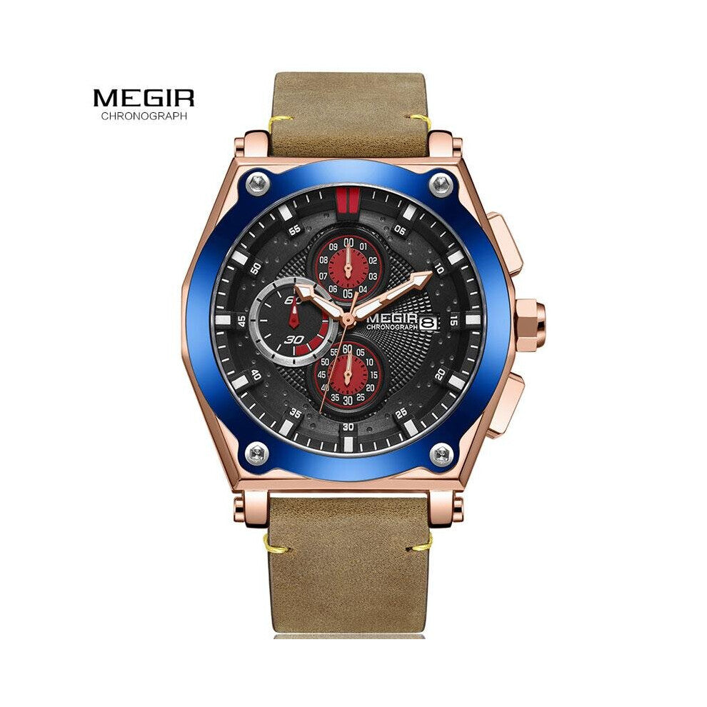 Top Men's Brown Leather Strap Quartz Watches Chronograph Sports Wristwatch for Man 3 ATM Waterproof Army Clock