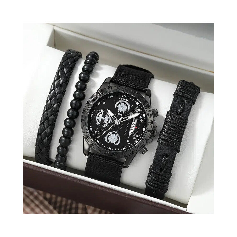 High Men's Leather Quartz Watch Bracelet Set Casual Sports Calendar Analog WristWatch with 3pcs Men Bangle