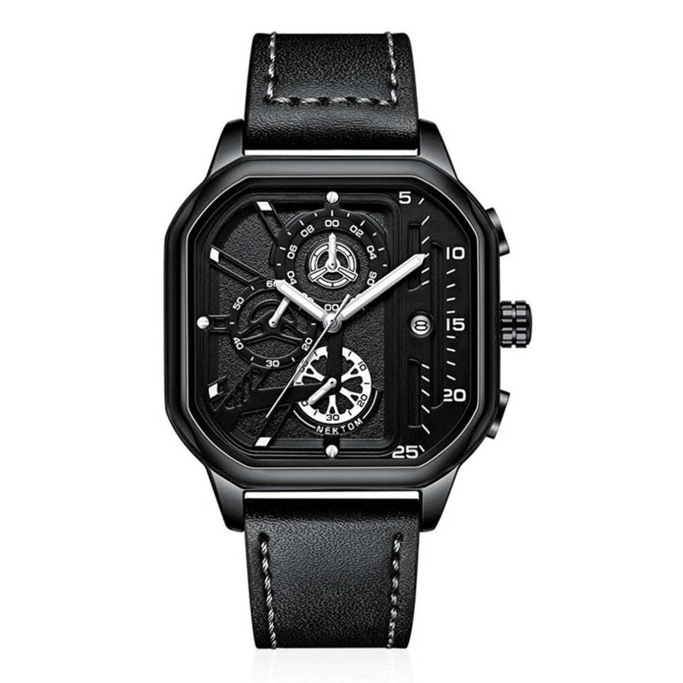 Nektom Casual Sports Watches for Men Leather Strap Chronograph Clock Business Wristwatch Waterproof Date Watch