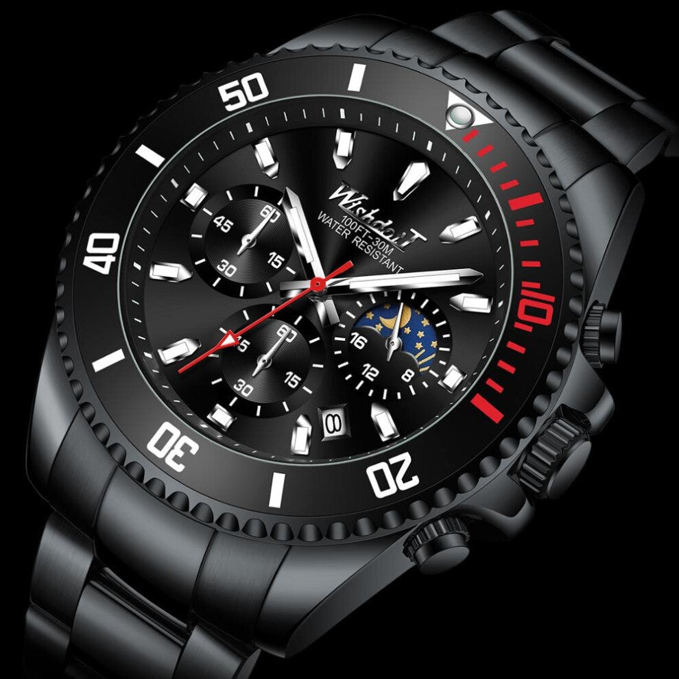 Men's Watches Waterproof Luminous Chronograph Moon Phase Calendar Stainless Steel Quartz Clock