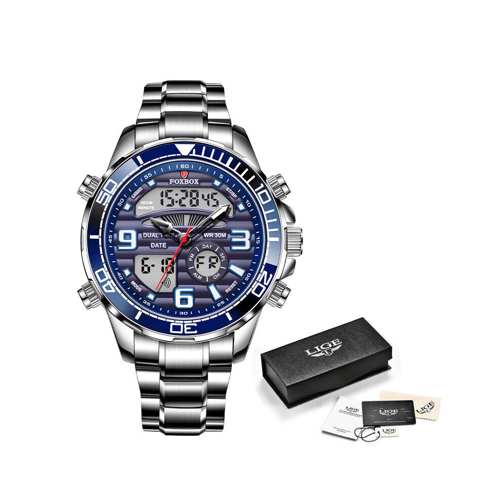 FOXBOX Dual Display Mens Watches Stainless Steel Sport Wrist Watch For Men Waterproof Date Clock Relogio Masculino