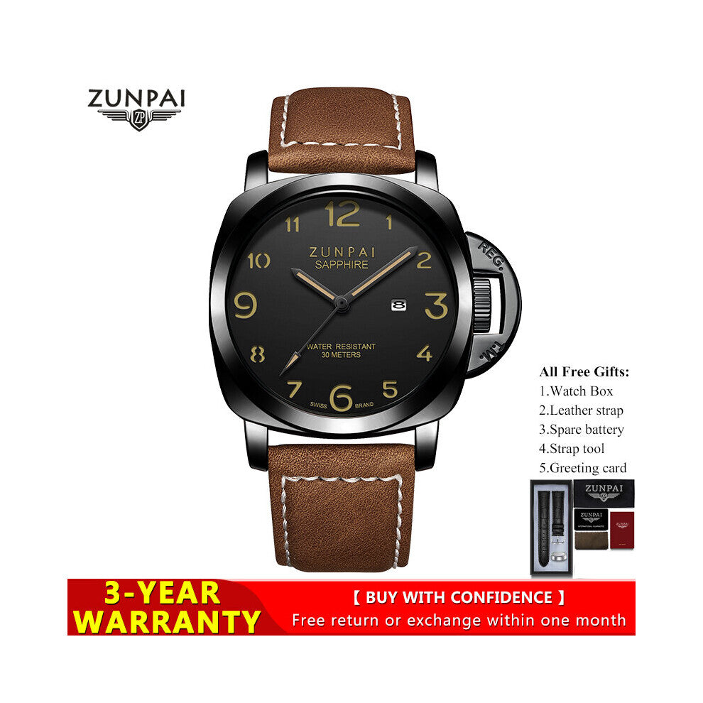 100%Original ZUNPAI Watch for Men Waterproof Sport Leather Strap Luminous Analog Baterai Quartz Wristwatches
