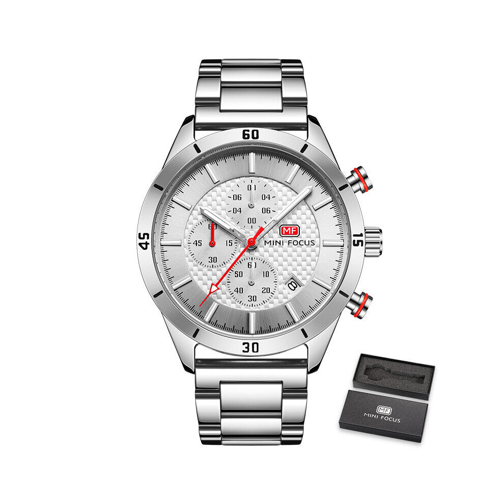 MINI FOCUS Military Sport Watches for Men Chronograph 3ATM Waterproof Clock Male Glow Hands Metal Strap Watch Man Gift