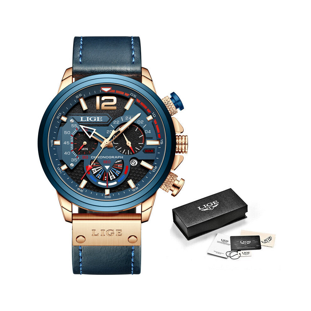 Mens Watches Leather Sport Watch for Men Chronograph Quartz 30M Waterproof Clock Relogio Masculino+Box