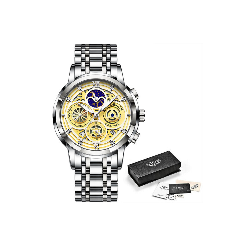 Chronograph Watches Waterproof Stainless Steel Hollow Wristwatch Auto Date Quartz Watch Clock+Box