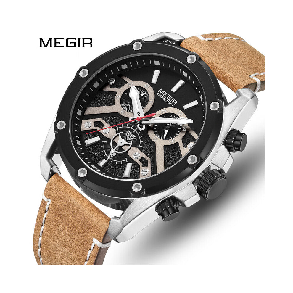 Men Waterproof Chronograph Military Male Clock Top Leather Strap Business Casual Sport Wristwatch