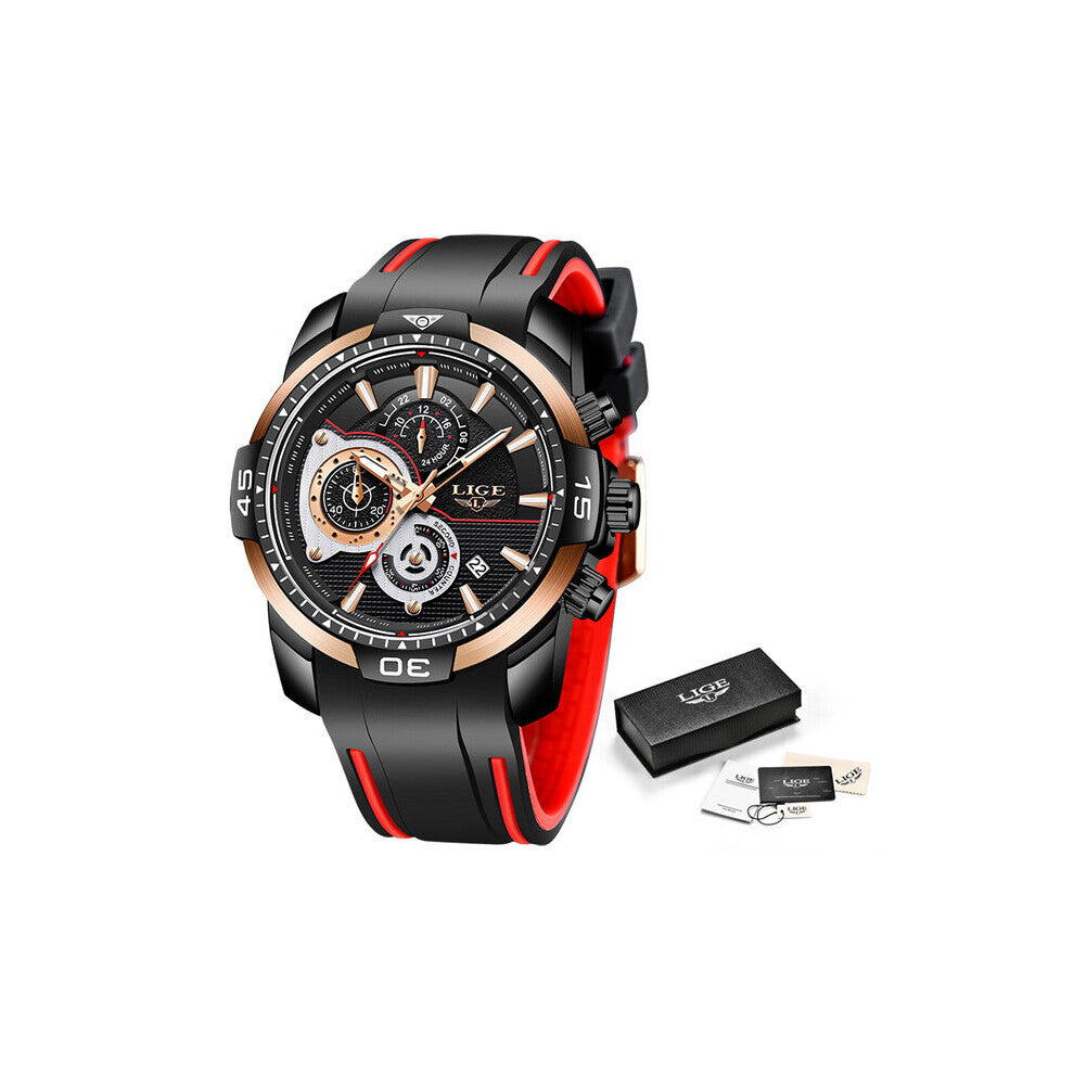 Mens Watches Top Sport Chronograph Date Quartz Watch Men Silicone Strap Waterproof Watch+Box