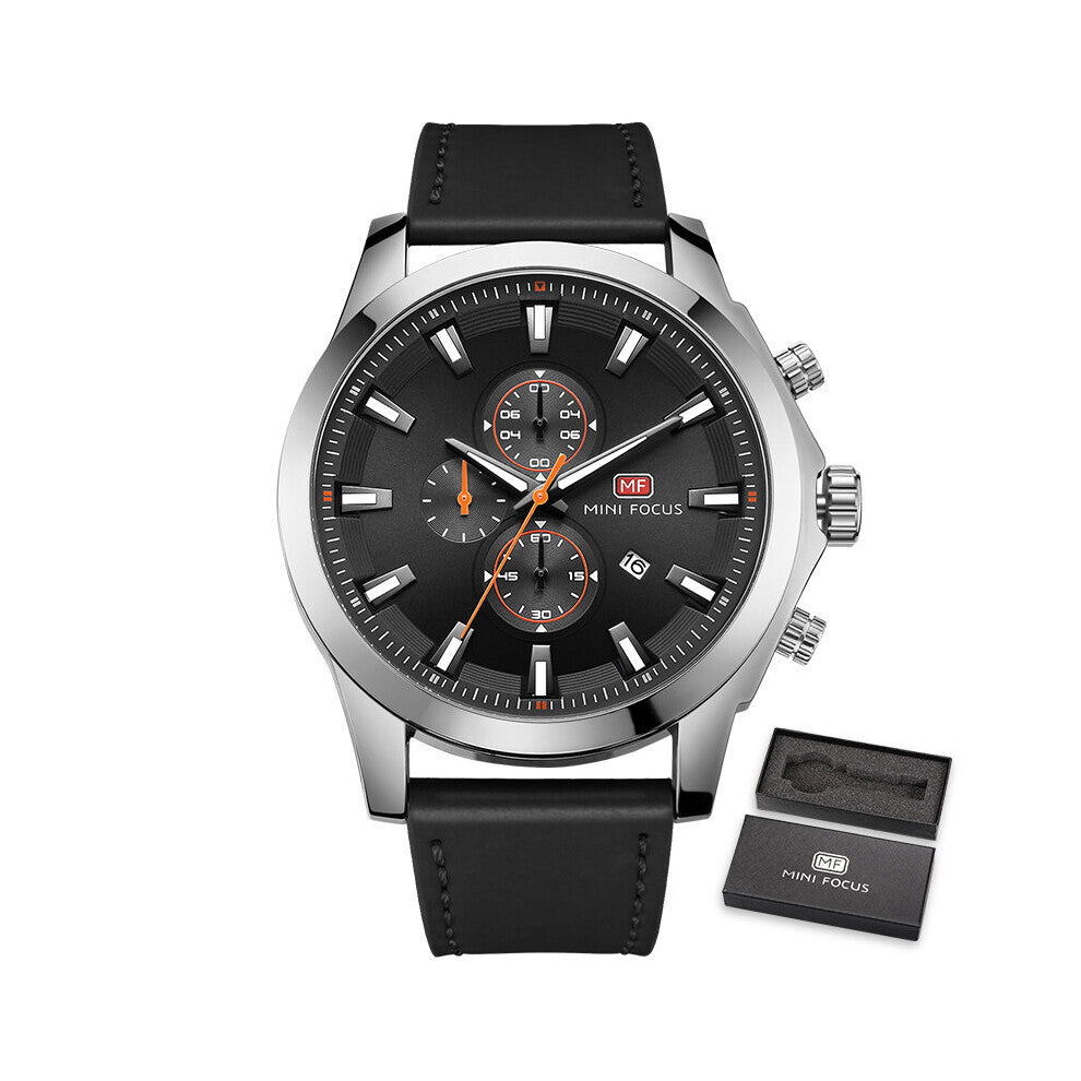 MINI FOCUS Men Wristwatch Leather Band Quartz Stopwatch Business Clock Waterproof