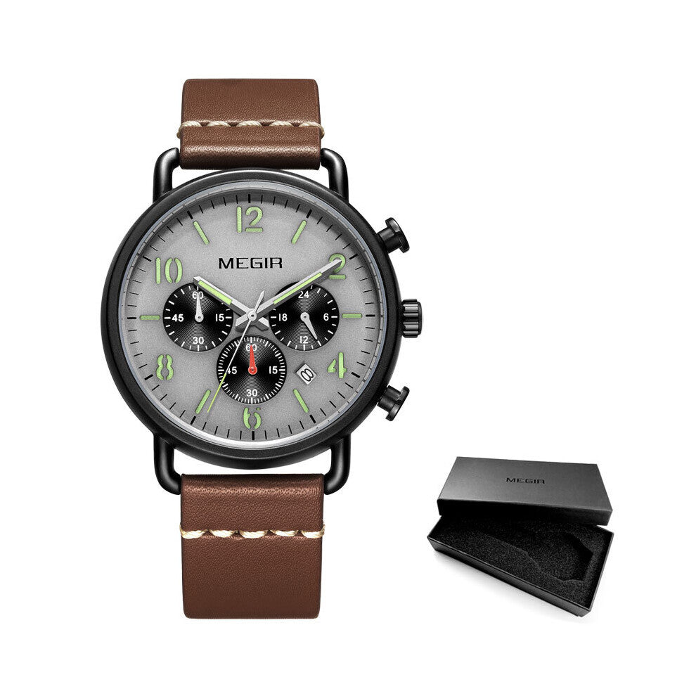Chronograph Quartz Watches for Men Casual Sports Leather Watch Man Waterproof Luminous Wristwatch 2158