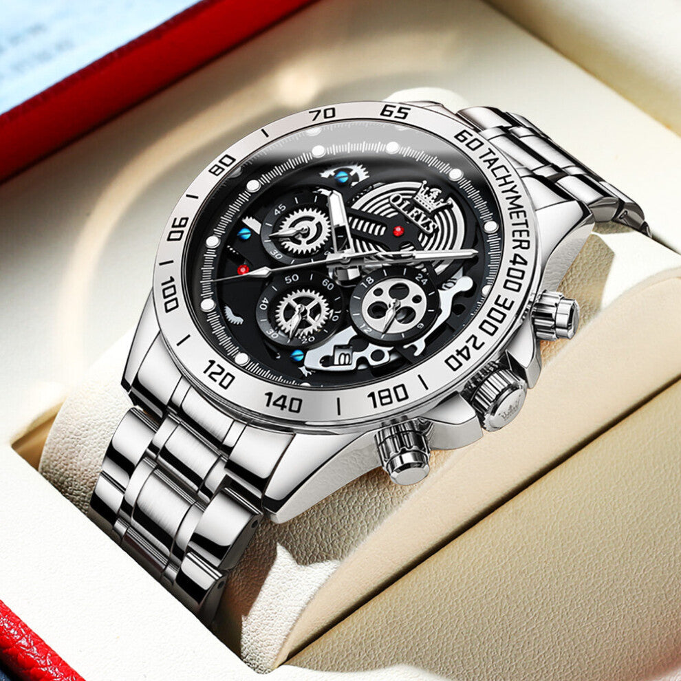 Skeleton Men's Watch Stainless Steel Waterproof Sport Multifunctional Chronograph Watch for Men Quartz Casual Clock