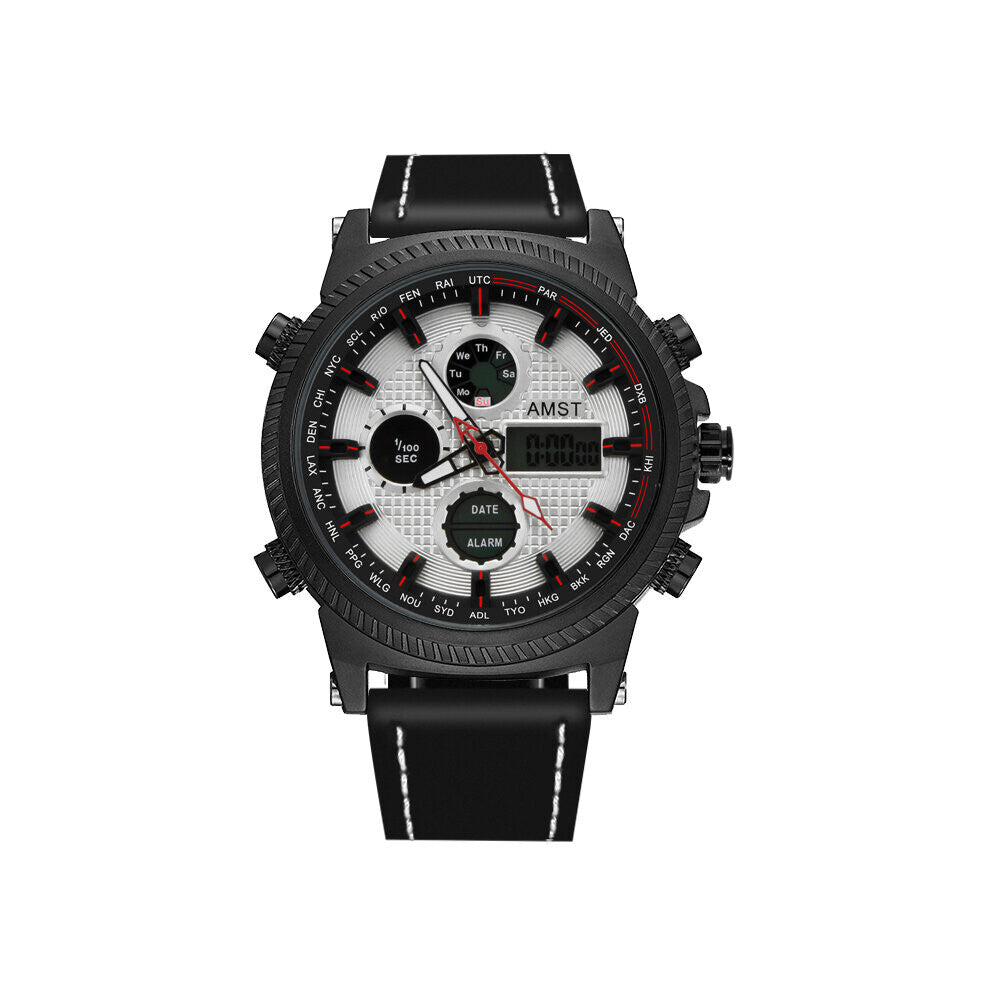 Men Watch Dual Movement Sport Watches Waterproof Japan Quartz Movement Leather Strap Army Male Clock AM3031