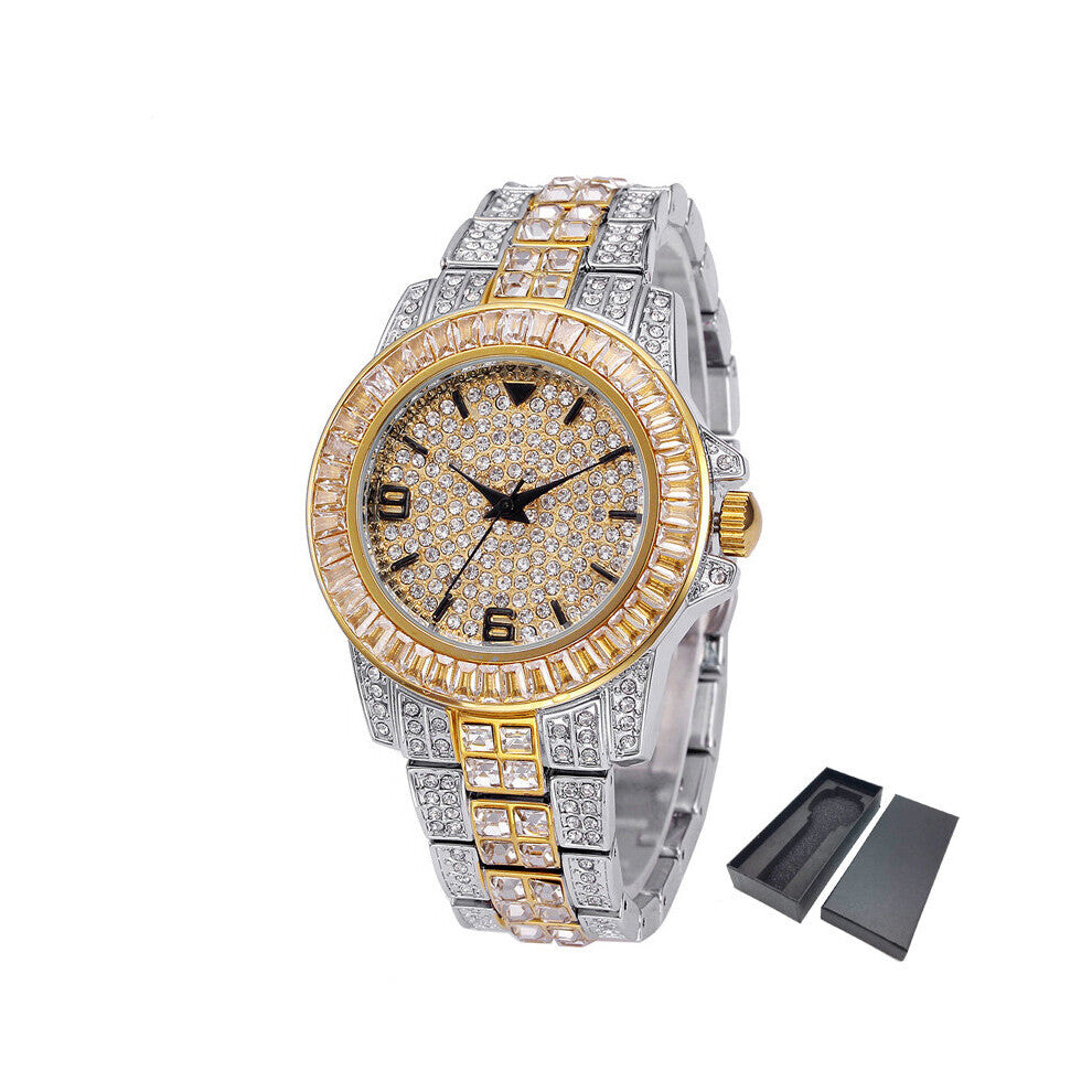 Bling Diamond Stones Men's Watch 18k Plated Ice out Quartz Iced Wrist Watches for Men Male Waterproof Wristwatch