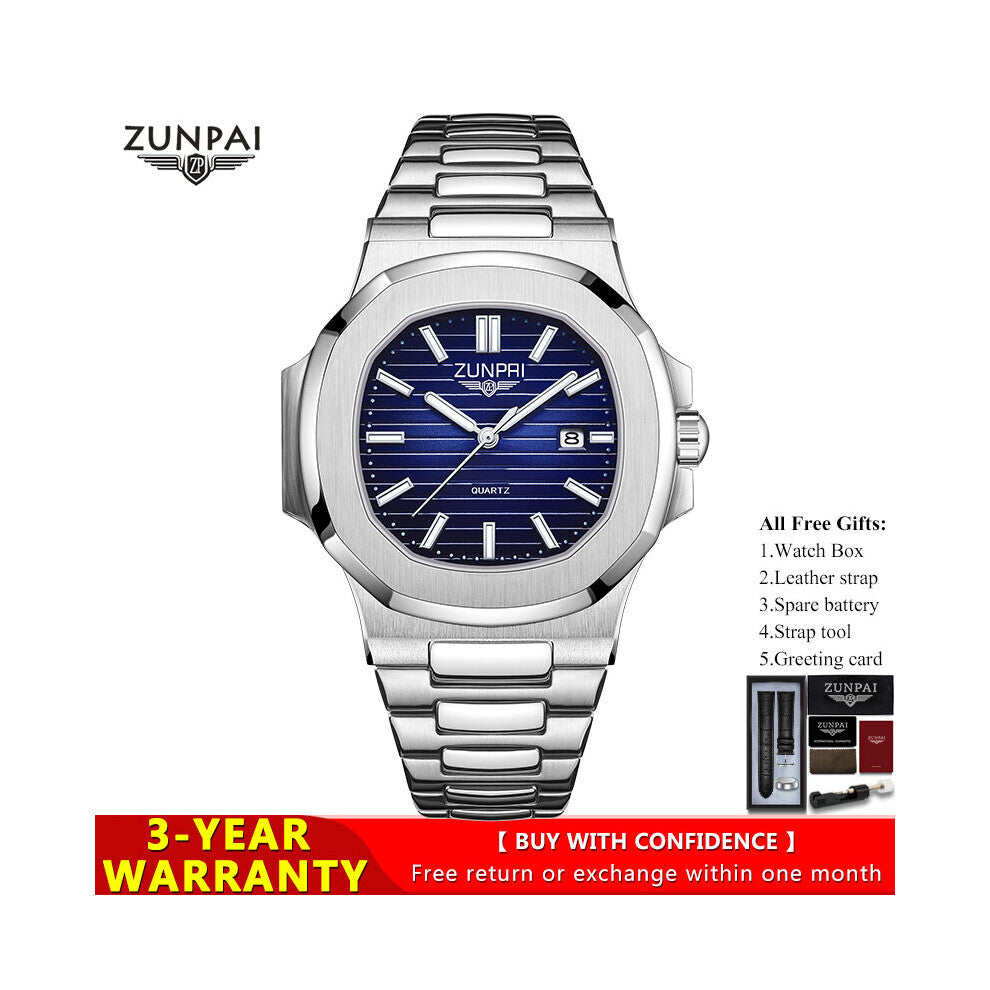 100%Original ZUNPAI Men's Watch Waterproof Stainless Steel Quartz Calendar Luminous Watch for Men Business Wristwatch