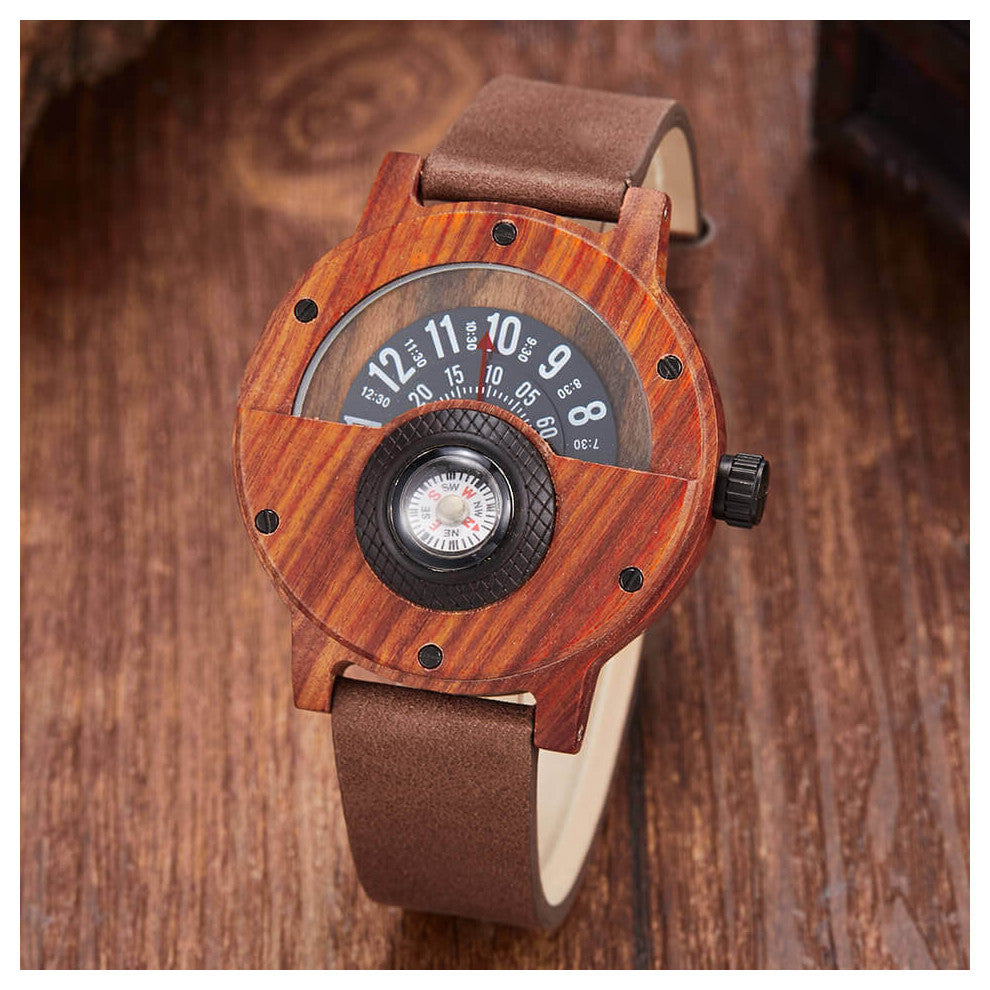 Creative Compass Wood Watches for Men Casual Quartz Sports Turntable Wristwatches Leather Strap Wooden Watch Clock relogio