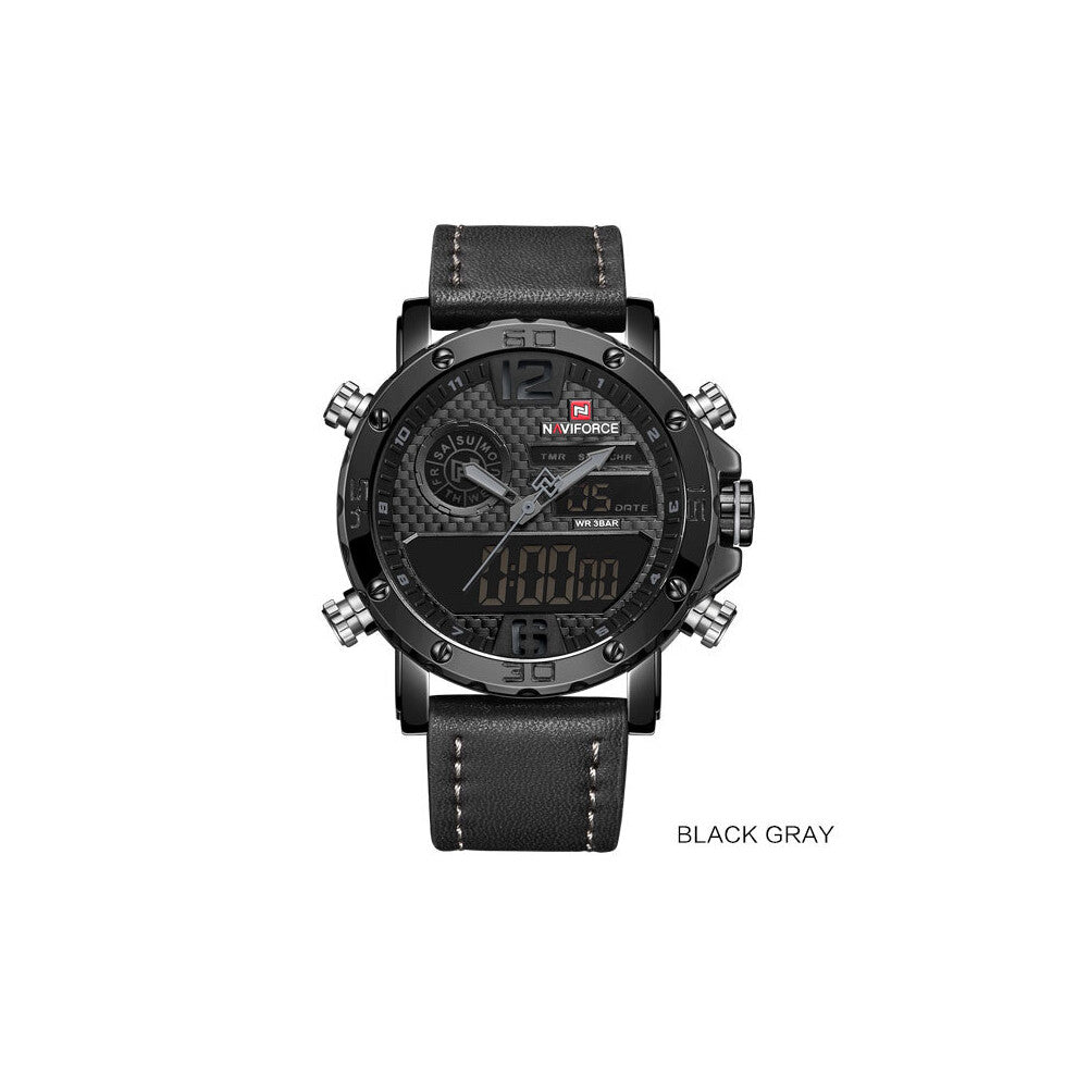 Watch Men Quartz Wrist Watch Male Casual Leather 30M Waterproof Dual Display Relogio Masculino