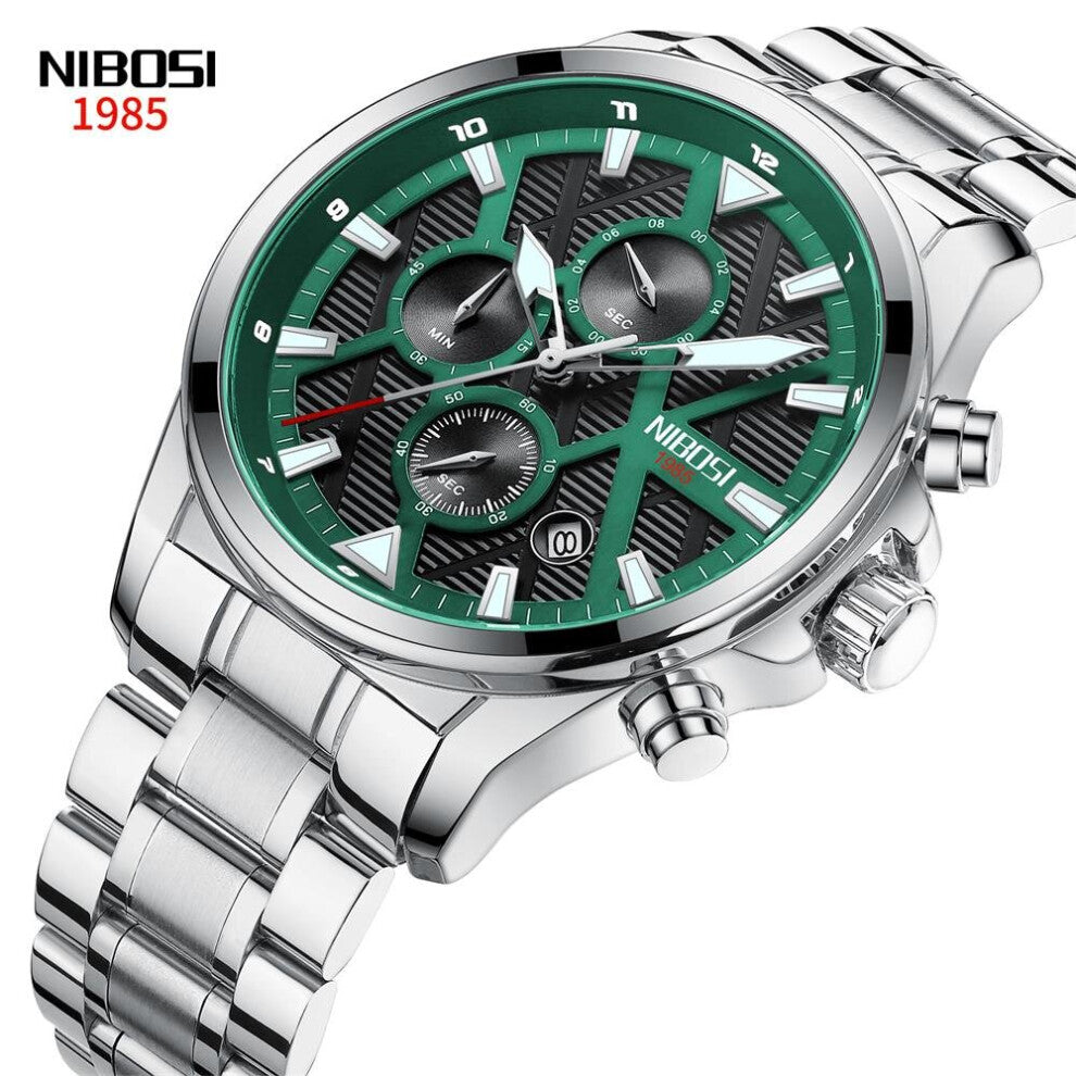 Men Green Dial Watch Waterproof Seconds Minutes Stainless Steel Quartz Wristwatch Relogio Masculino