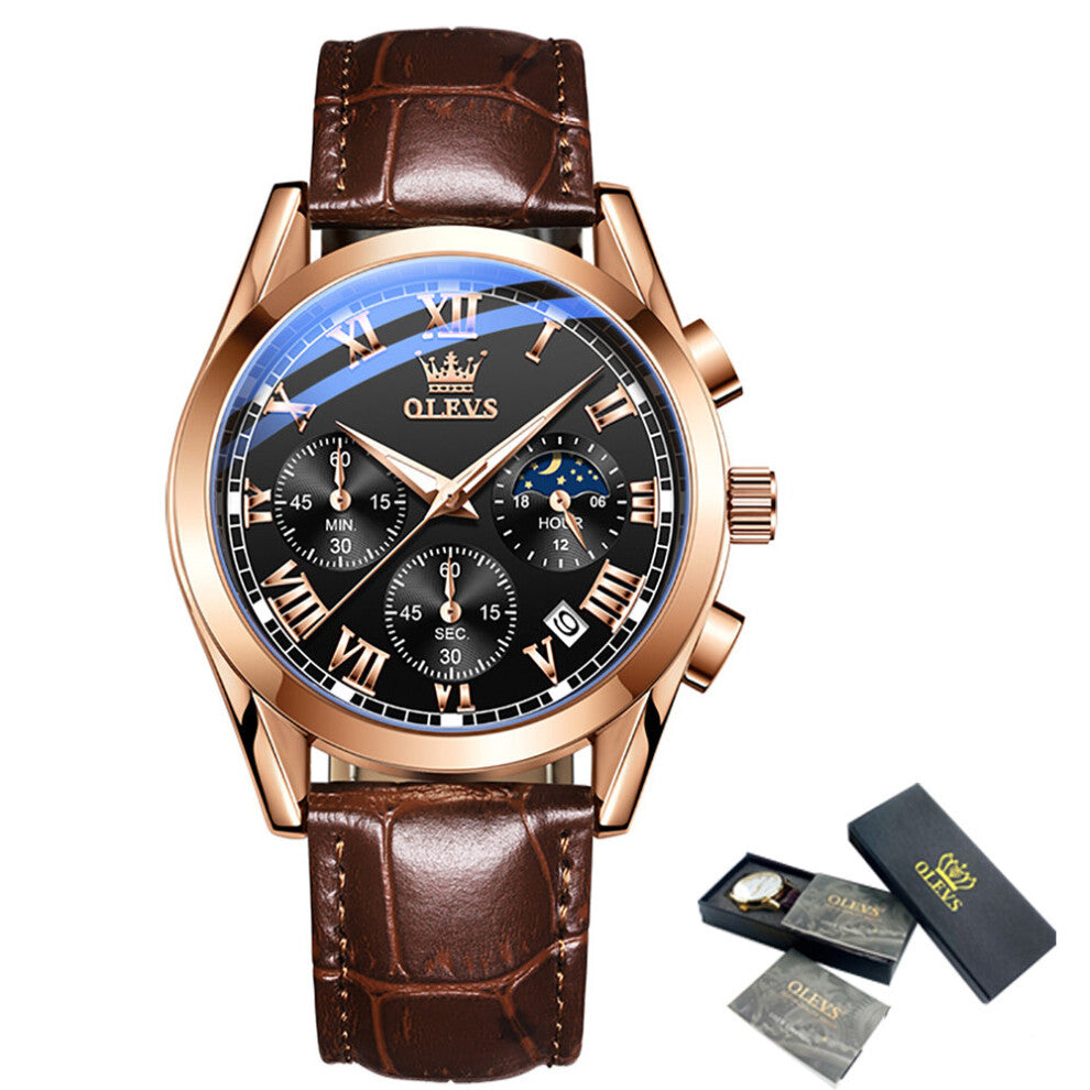 Men's Watch Retro Waterproof Quartz Watch Men's Leather Strap Chronograph Sports Clock Male
