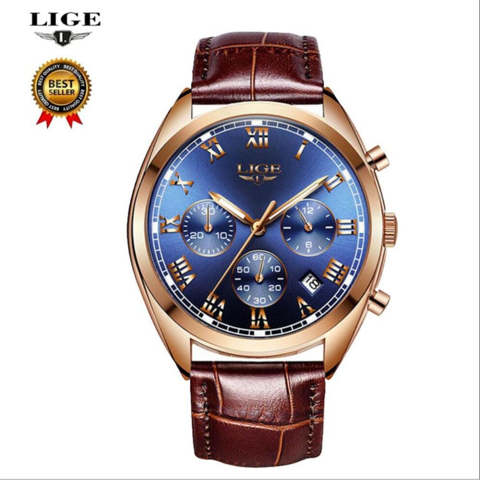 LIGE Top Men's Quartz Watch Men's Waterproof Sports Watch Men's Casual Leather Watch Relogio Masculino 9852
