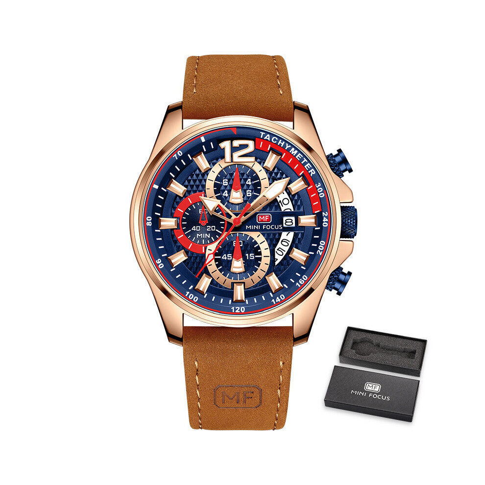 Chronograph Watch for Men Sports Quartz Watches Men's Brown Leather Strap Waterproof 3 Sub-dial 6 Hands Clock