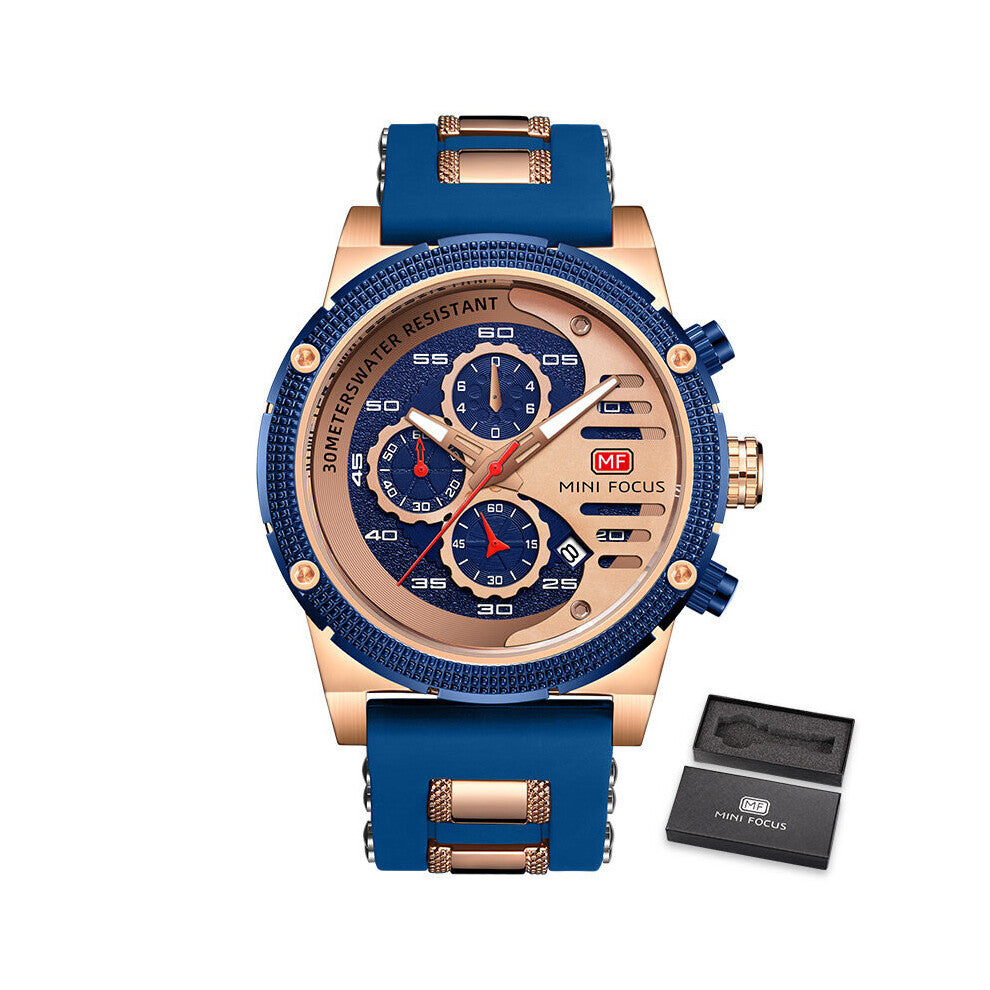 MINI FOCUS Mens Quartz Watches Multifunciton Chronograph Sports Watch Top Waterproof Wristwatch+gift box