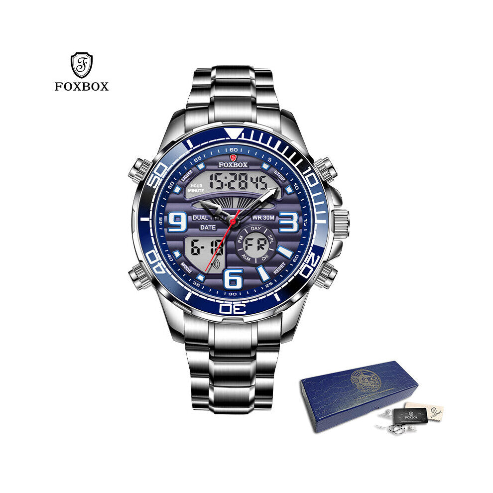 FOXBOX Digital Men Watch Electronic Male Clock Sports Waterproof Watches Stainless Steel Strap Wristwatch Relogio Masculino