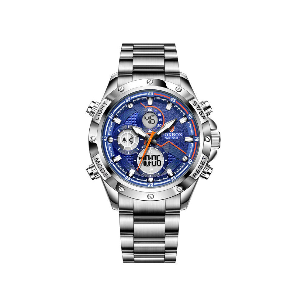 Top FOXBOX Men Watch Dual Display Stainless Steel Sport Wristwatch Men Waterproof Luminous Quartz Clock