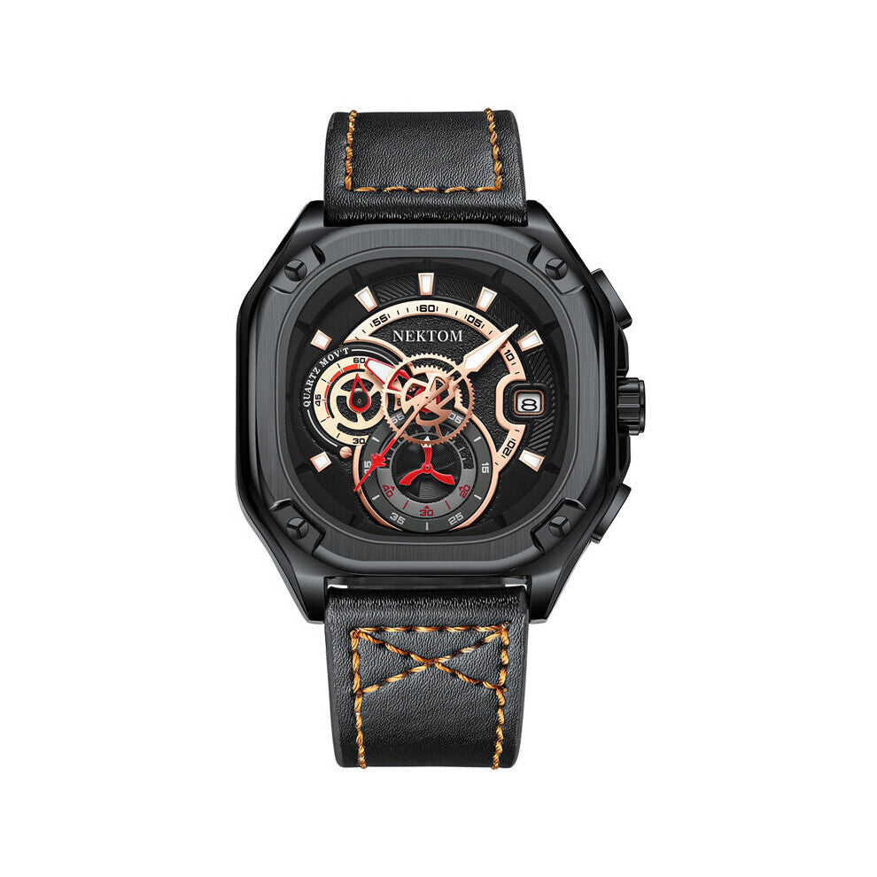 Square Ceries NEKTOM Business Sports Calendar Waterproof Watch for Men Military Leather Quartz Mens Watches Reloj