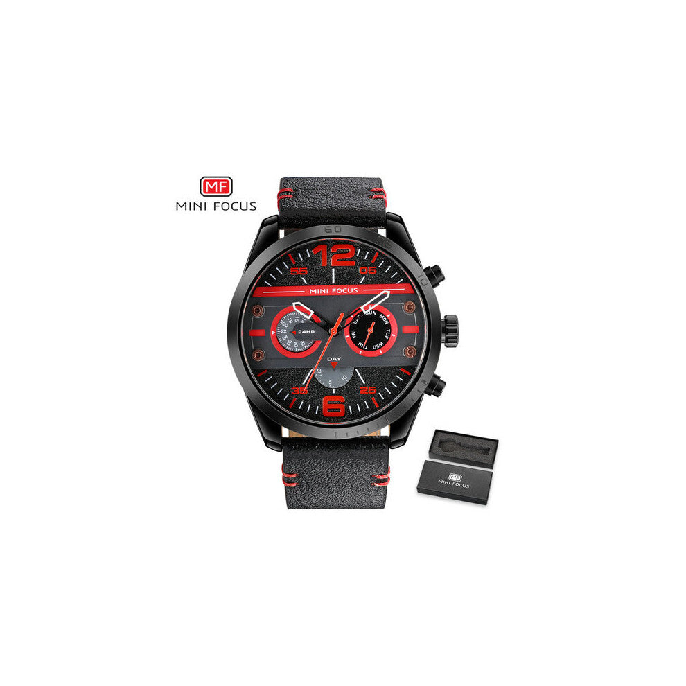 MINI FOCUS Waterproof Sport Watches For Men Quartz Clock Chronograph 3 Sub Dials Big Case Leather Strap Casual Wrist Watch Male