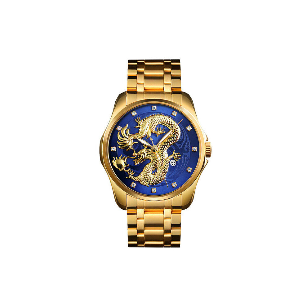 Chinese Dragon Pattern Men Golden Quartz Watch Male Watches Waterproof Wristwatches Relogio Masculino 9193
