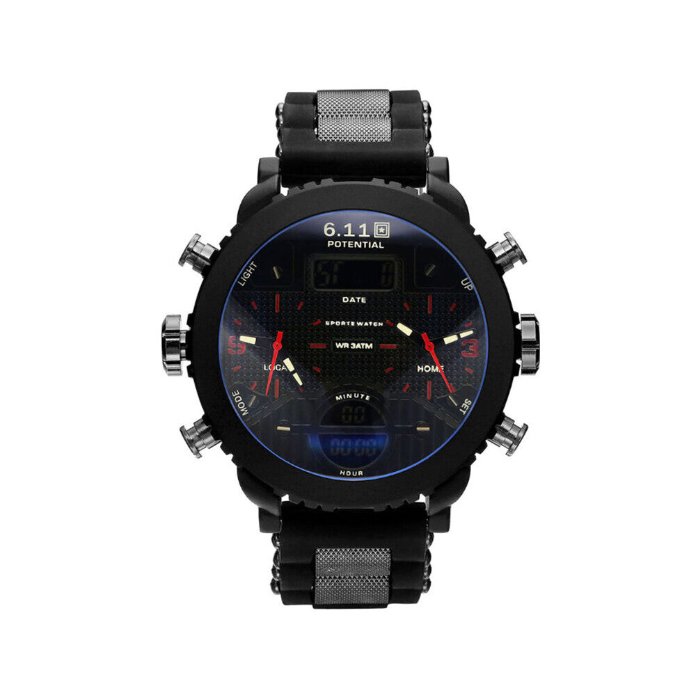 6.11 Men Sports Dual Display Watch Calendar Multiple Time Zone Leather Casual Wrist Watches reloj hombre Military Clock