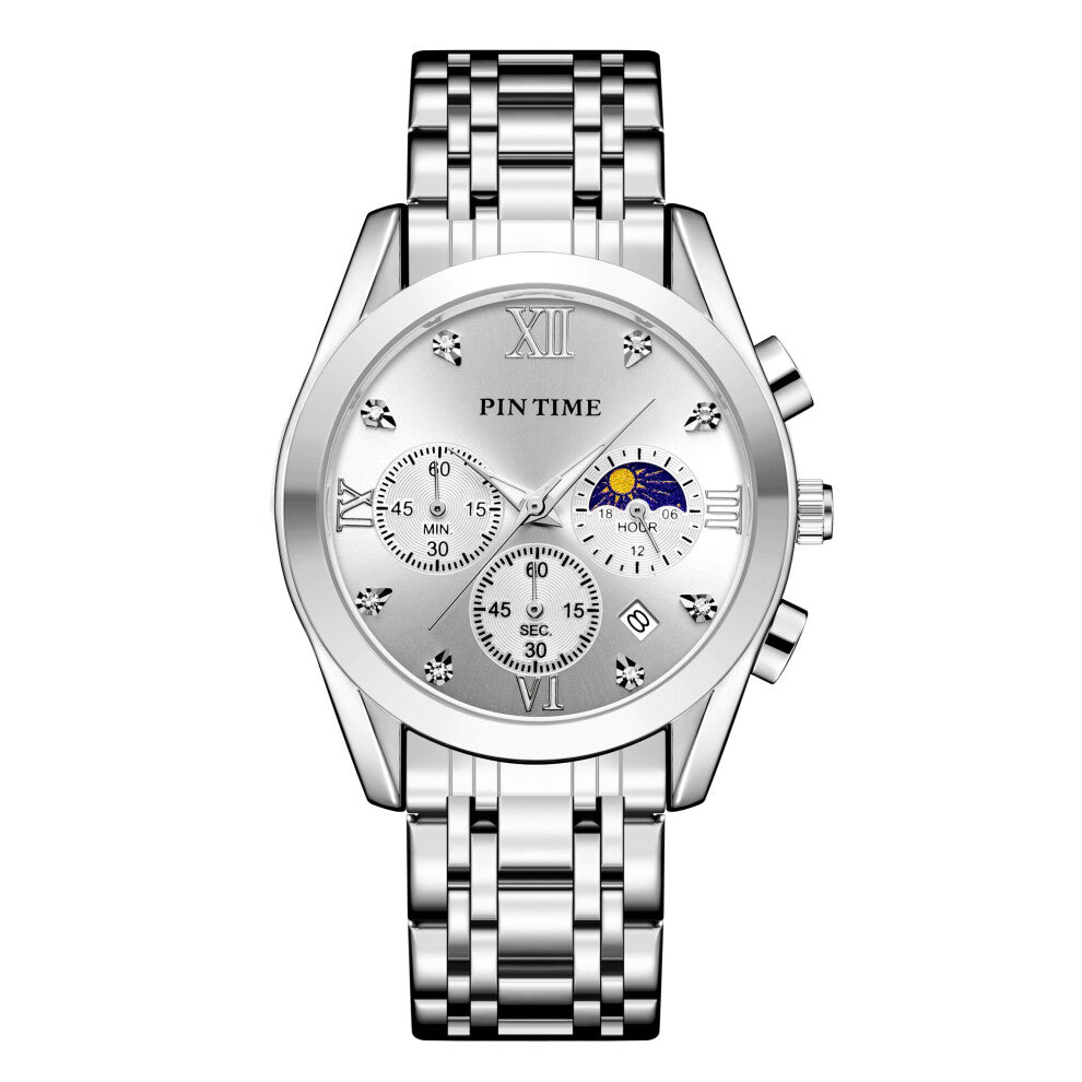 Men Casual Dress Watch Stainless Steel Moon Phase Dial Work Chrono Function Stopwatch Leather Luminous Waterproof