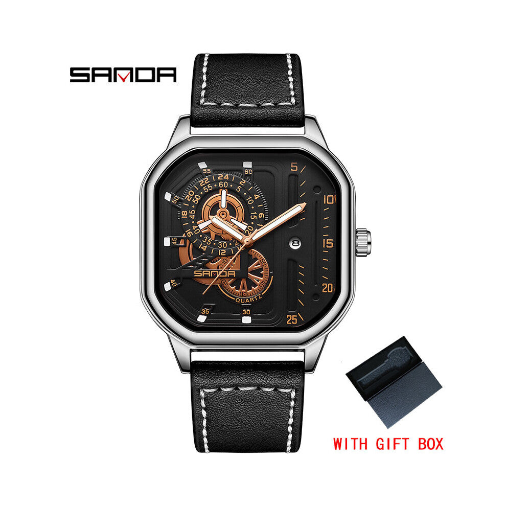 Square Quartz Casual Sports Wrist Watch For Men Leather Clock Business Wristwatch Waterproof Date Watch