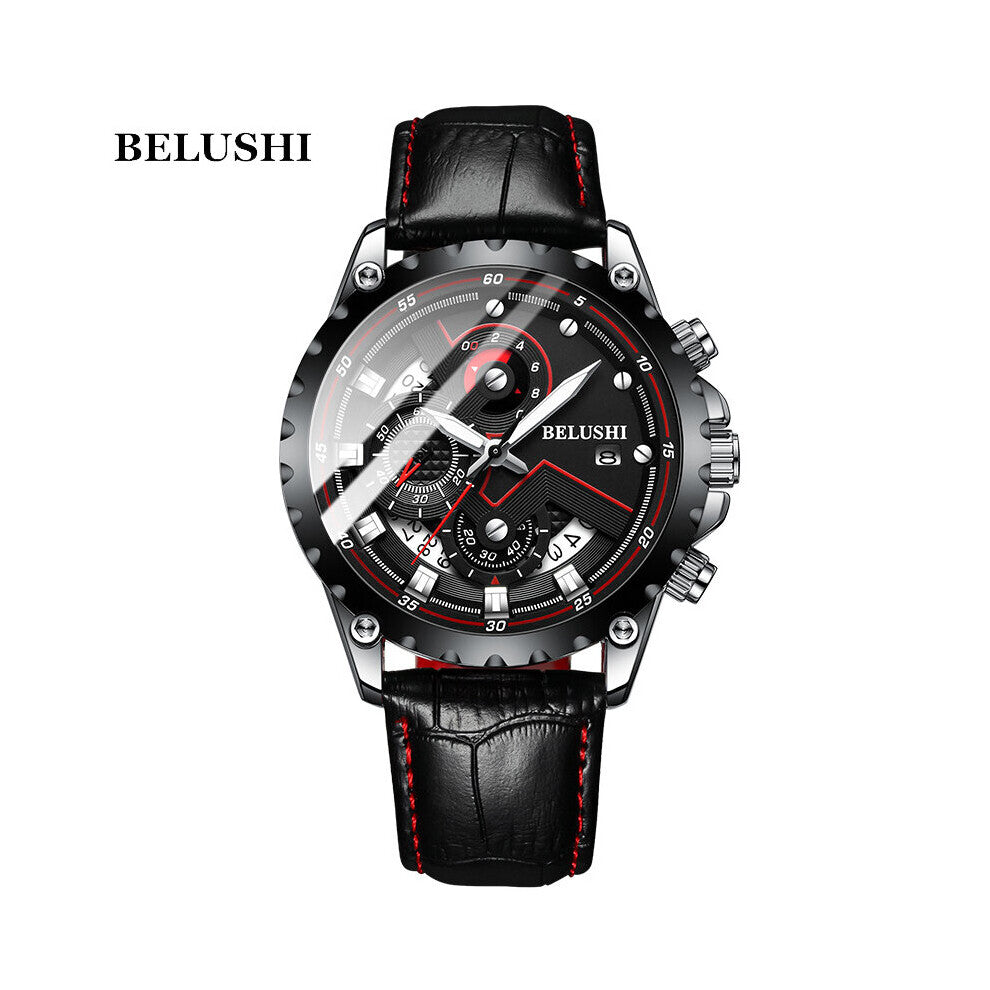 BELUSHI Mens Watches Top Leather Chronograph Waterproof Sport Automatic Date Quartz Watch Men Relogio Masculino